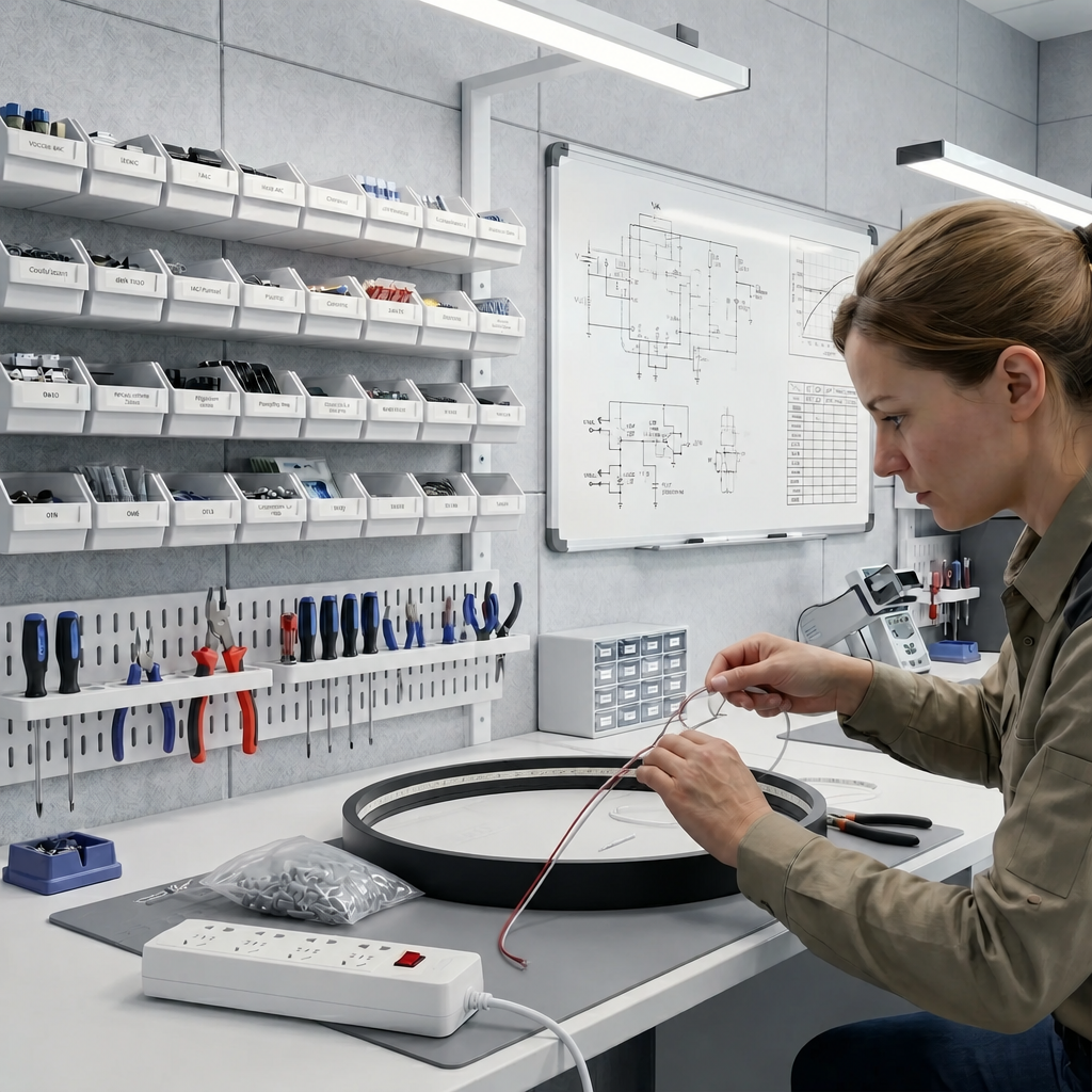 A craftsperson assembling a round lightbox in the workshop