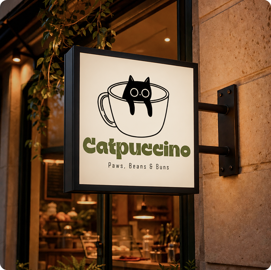 Catpuccino — square lightbox sign