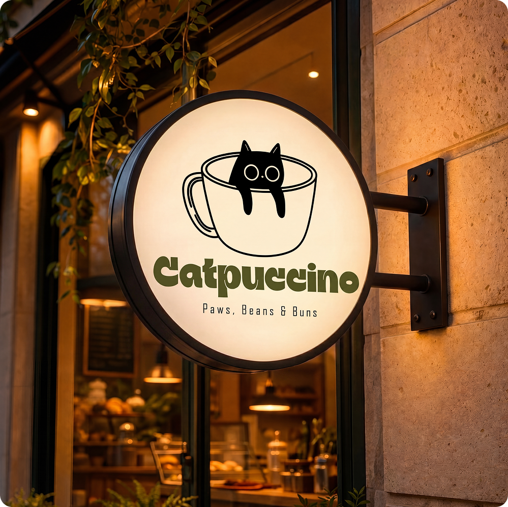Catpuccino — round lightbox sign