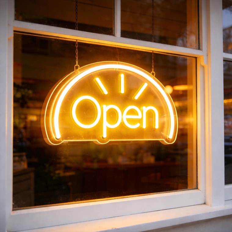 Neighborhood Comics illuminated sign inside an independent store