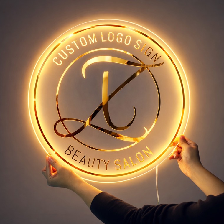 Halo-lit beauty studio logo in a calm reception area