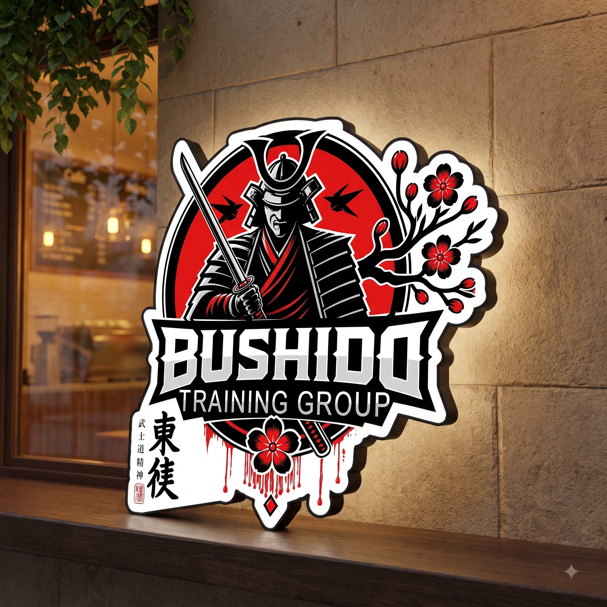 Bushido Training Group — custom lightbox sign on a shelf
