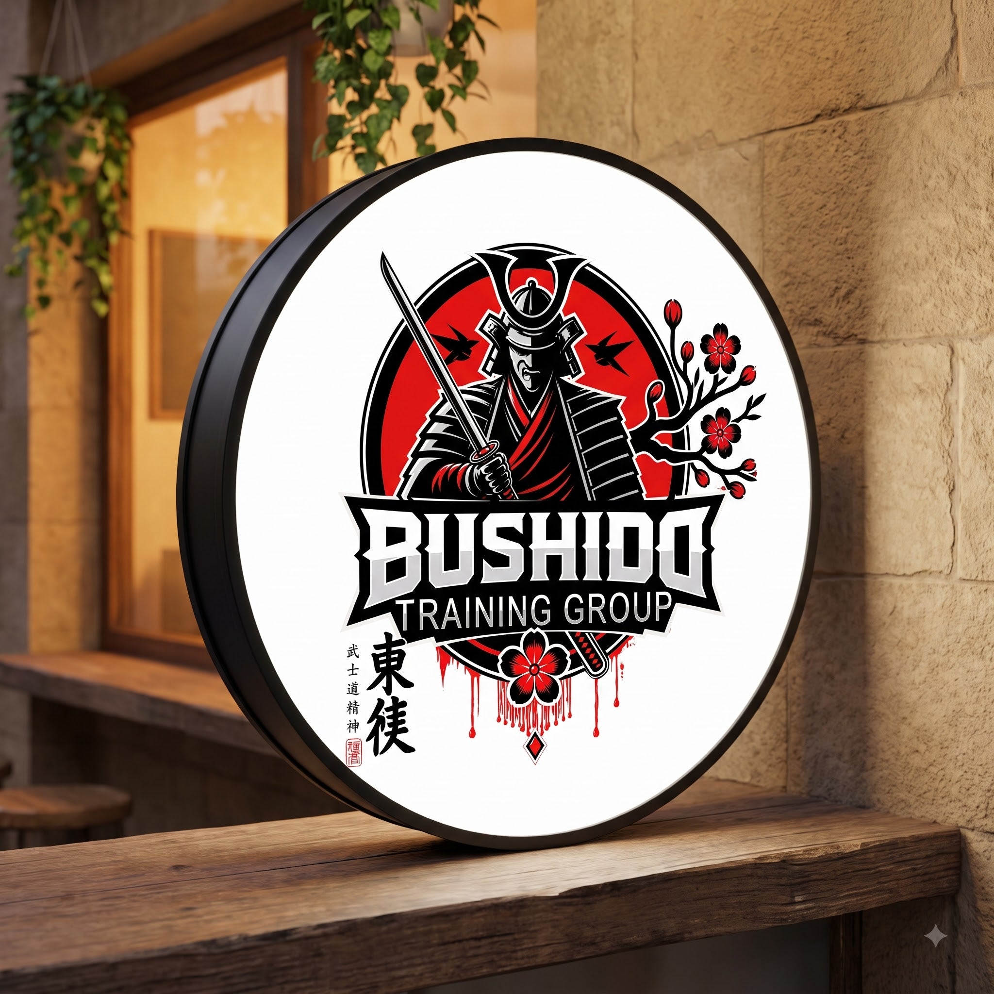 Bushido Training Group — round lightbox sign on a shelf