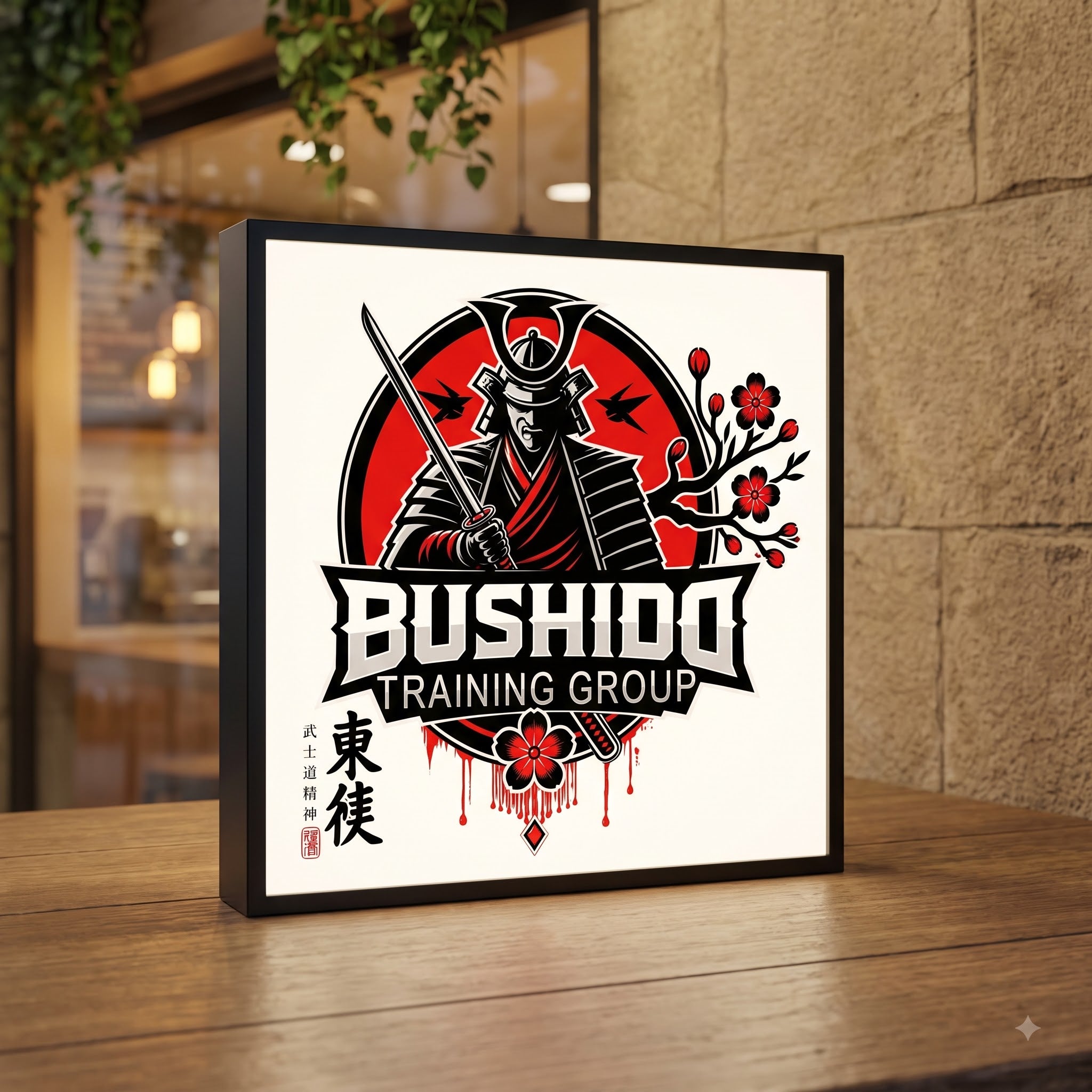 Bushido Training Group — square lightbox sign on a shelf