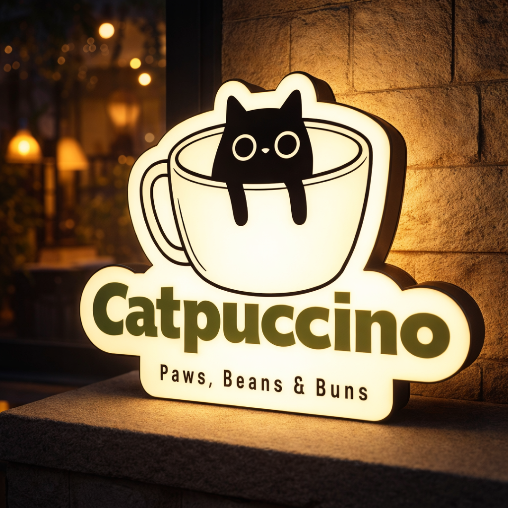 Catpuccino — custom lightbox sign on a shelf