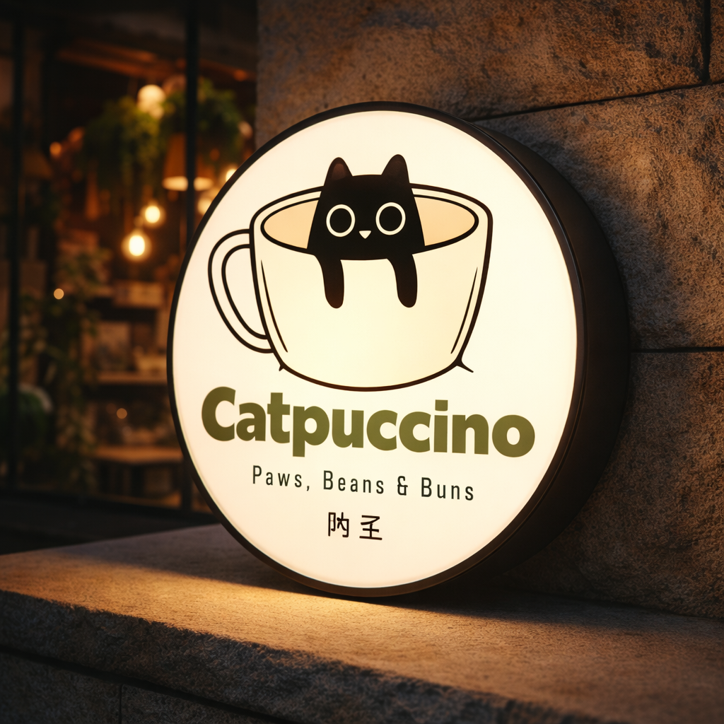 Catpuccino — round lightbox sign on a shelf