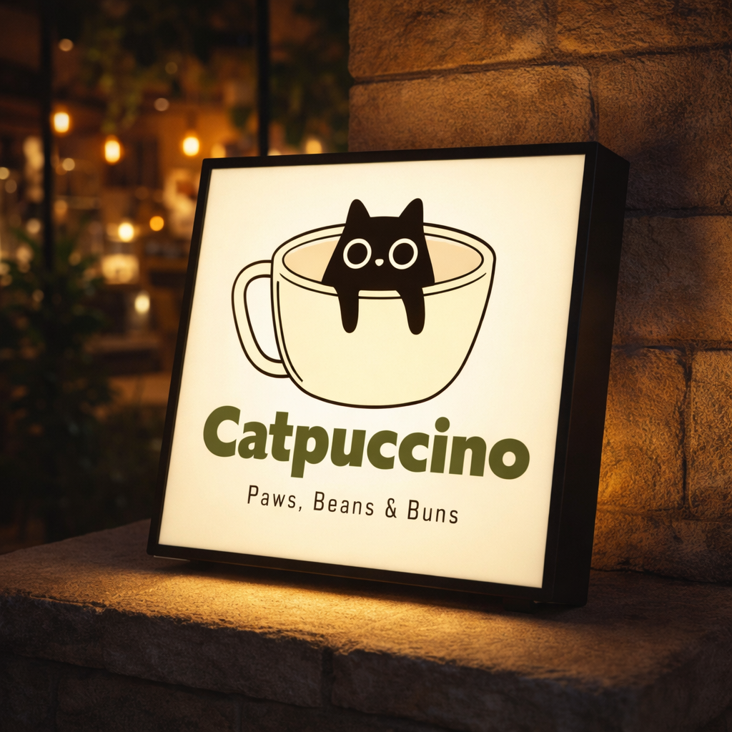 Catpuccino — square lightbox sign on a shelf
