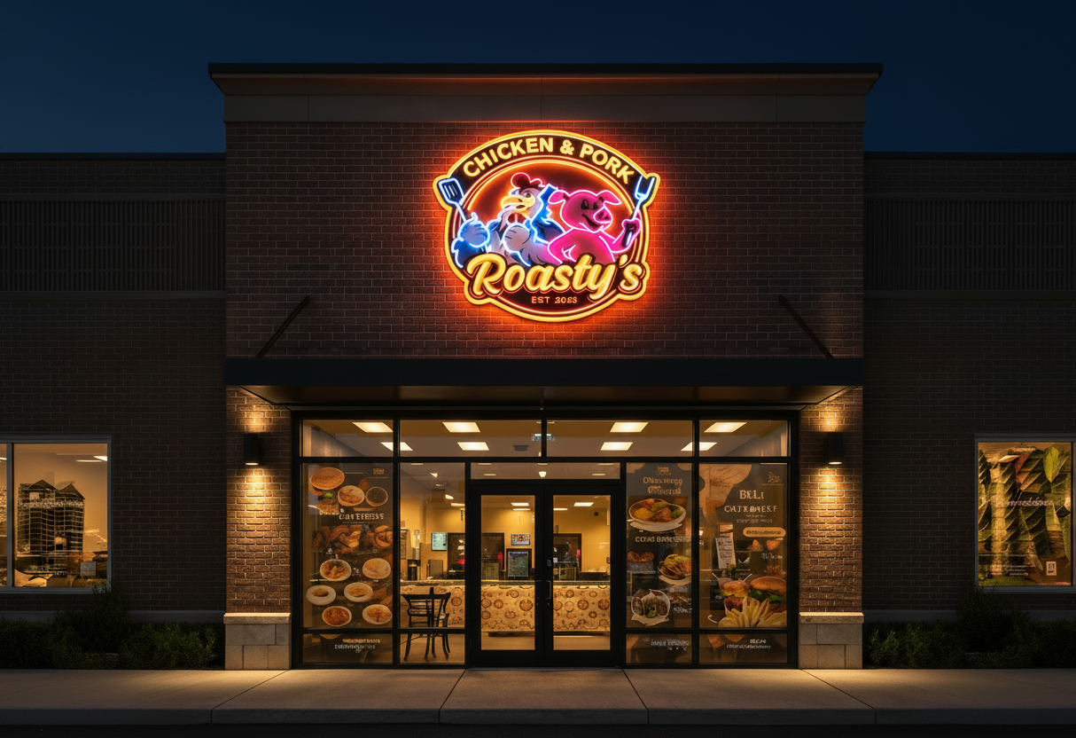 Night view of a Jixta LED sign installed in a cafe